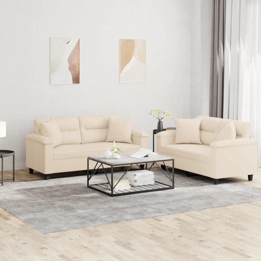VidaXL Loungeset 2-delig Beige Inclusief Kussens Loungebank Microfiber Bank Bankstel Twee Persoons Bank Beige Meubilair