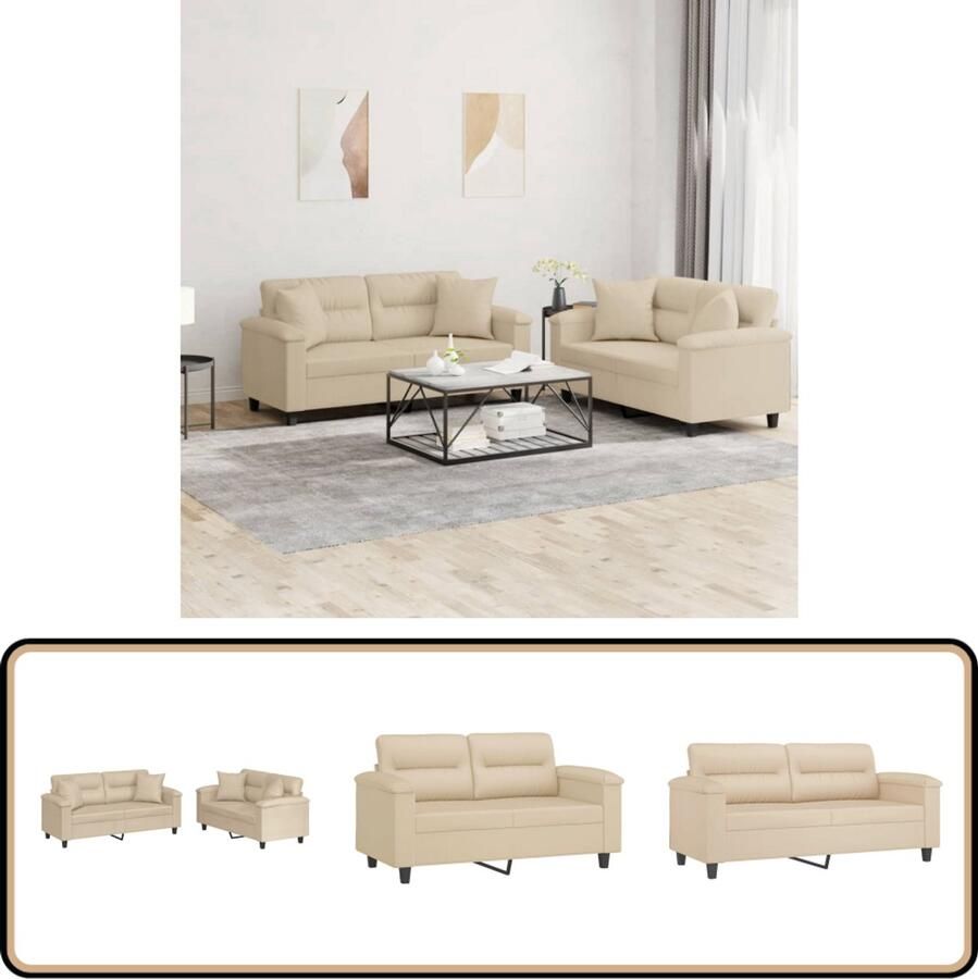 VidaXL Loungeset 2-delig crèmekleurig Met Kussens Loungeset Tuinset Buitenmeubilair Microvezel Meubels Crème Kleur