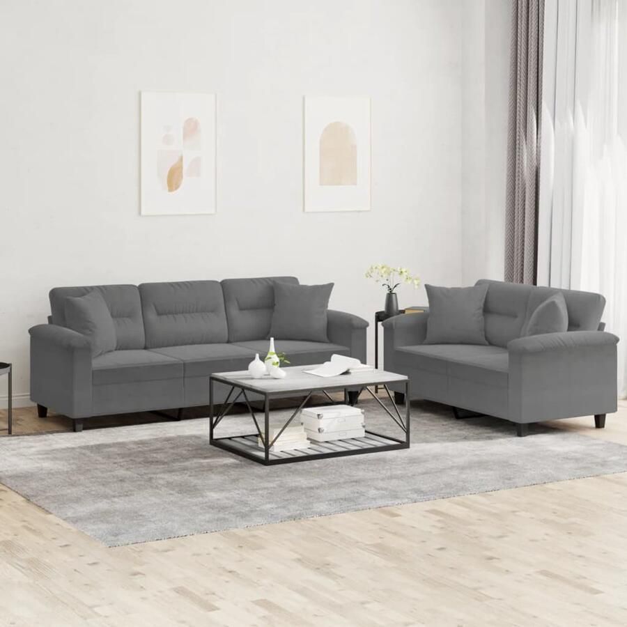 VidaXL Loungeset 2-delig Donkergrijs Inclusief Kussens Lounge Set Bankstel Microfiber Sofa Donkere Grijze Bank 2 Persoons Bank