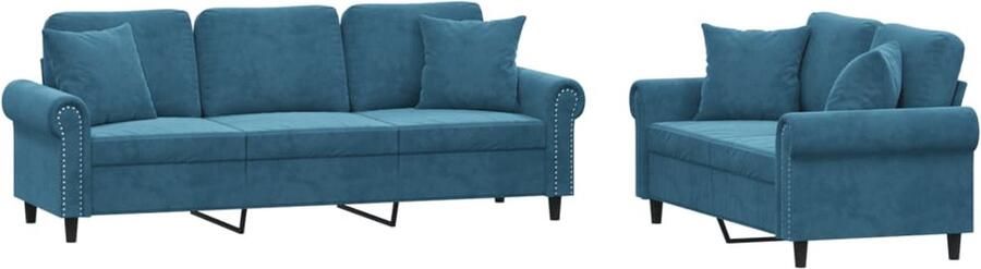The Living Store 2-delige Loungeset met kussens fluweel blauw Loungeset Tweezitsbank Driezitsbank Fluweel Blauwe Sofa