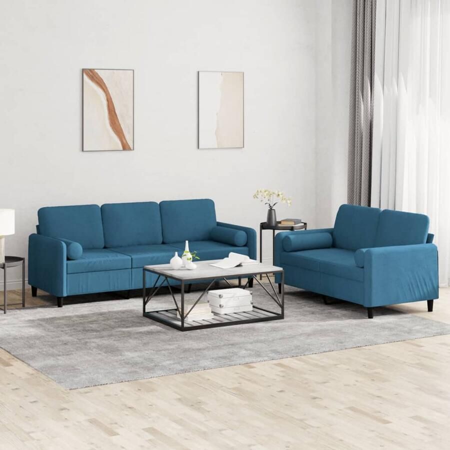 VidaXL Loungeset 2-delig Fluweel Blauw Loungeset Bankstel Fluweel Sofa Blauwe Bank 2 Persoons Bank