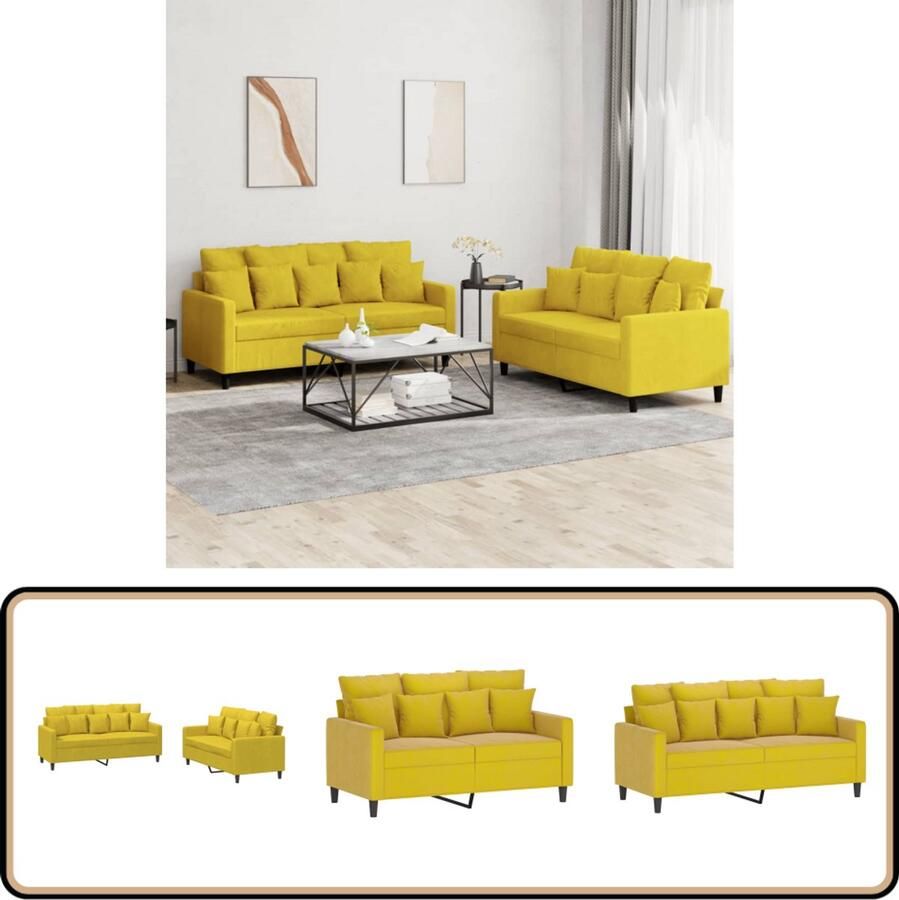 VidaXL Loungeset 2-delig Fluweel Geel Inclusief Kussens Tweezitsbank Lounge Set Fluweel Sofa Gele Bank Bankstel