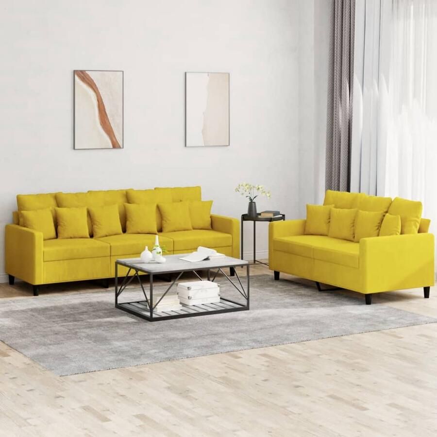 VidaXL Loungeset 2-delig Fluweel Geel Loungeset Bankstel Fluweel Sofa Gele Bank 2 Persoons Bank