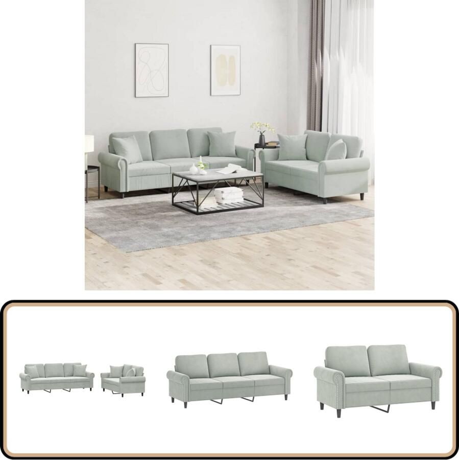 VidaXL Loungeset 2-delig Fluweel Lichtgrijs Inclusief Kussens Loungeset Fluweel Sofa Grijze Bank 2 Persoons Bank 3 Persoons Bank