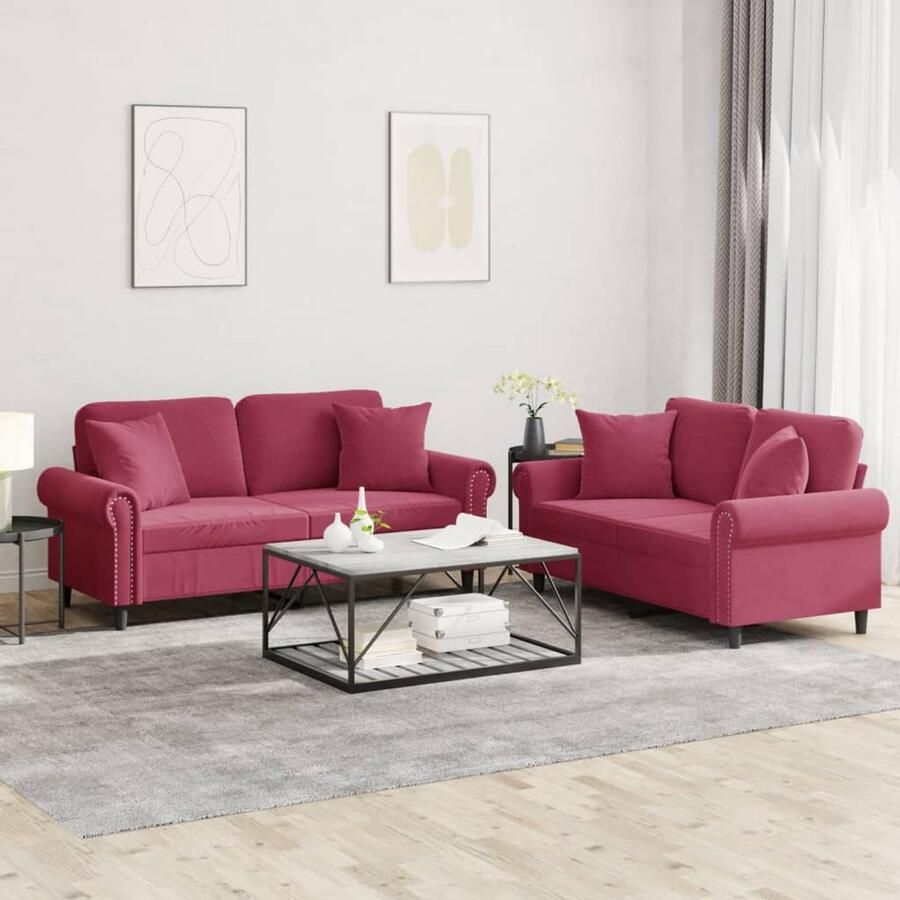 VidaXL Loungeset 2-delig Fluweel Wijnrood Inclusief Kussens Loungeset Fluweel Sofa Lounge Set Tuinlounge Buitenset