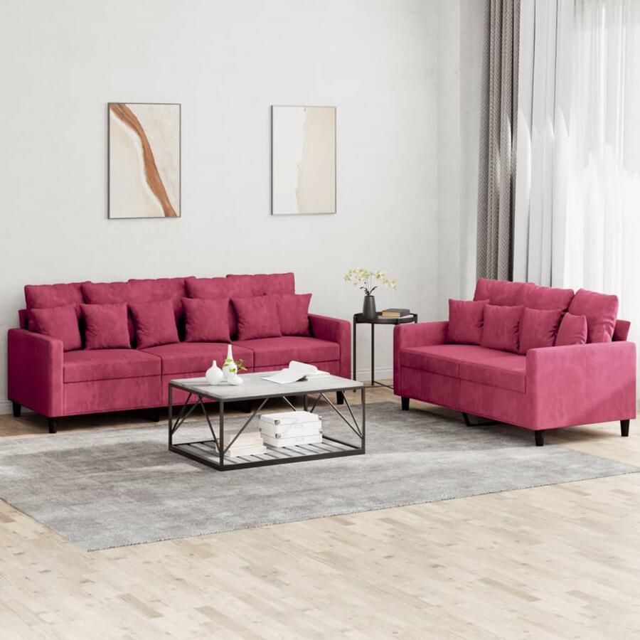 VidaXL Loungeset 2-delig Fluweel Wijnrood Loungeset Bankstel Velvet Sofa Rode Bank Comfortabele Bank