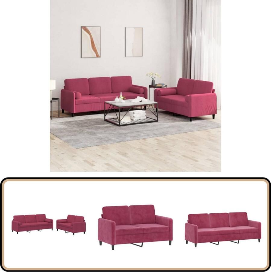 VidaXL Loungeset 2-delig Fluweel Wijnrood Loungeset Fluweel Sofa Rode Bank 2 Persoons Bank 3 Persoons Bank