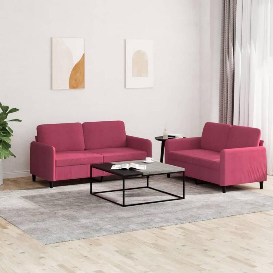 VidaXL Loungeset 2-delig Fluweel Wijnrood Sofa Bankstel Lounge Set Fluweel Sofa Rode Bank