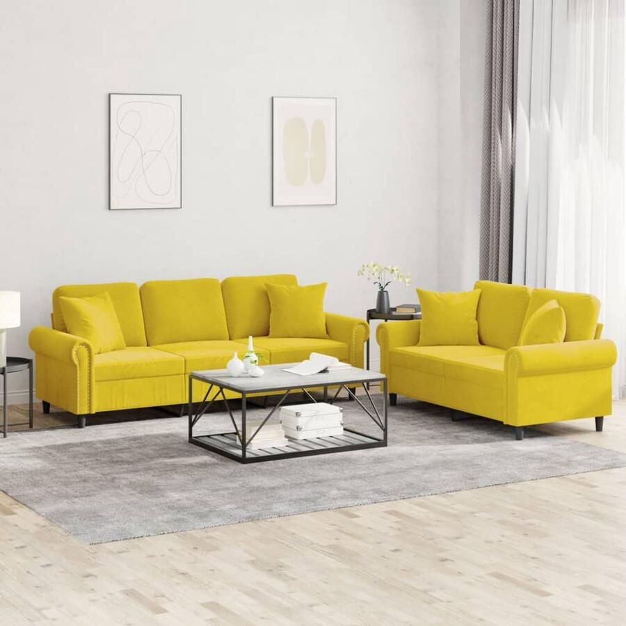VidaXL Loungeset 2-delig Geel Fluweel Inclusief Kussens Loungeset Fluweel Sofa Gele Bank Bankstel Lounge Set