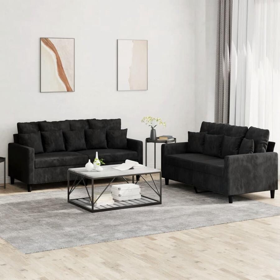VidaXL Loungeset 2-delig Zwart Fluweel Inclusief Kussens Velours Bank Zwarte Bank Lounge Set Zitzitting Comfort Bank