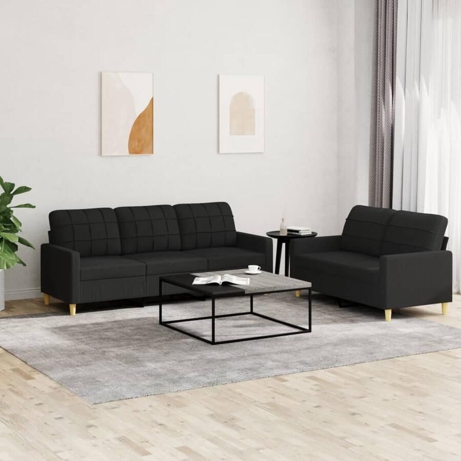 VidaXL Loungeset 2-delig Zwart Inclusief kussens Loungeset Bankstel Buitenmeubilair Tuinlounge Zwarte Lounge Comfortabele Stoffering 2 Persoons Bank 3 Persoons Bank