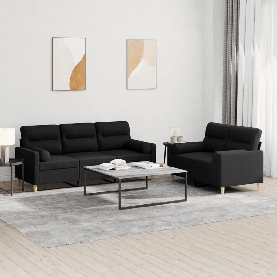 VidaXL Loungeset 2-zits en 3-zits Zwart Inclusief kussens Loungeset Buitenmeubilair Tuinset Loungehoek Relaxstoel Stoffen Sofa Zwarte Meubelen 2 Persoons Bank 3 Persoons Bank