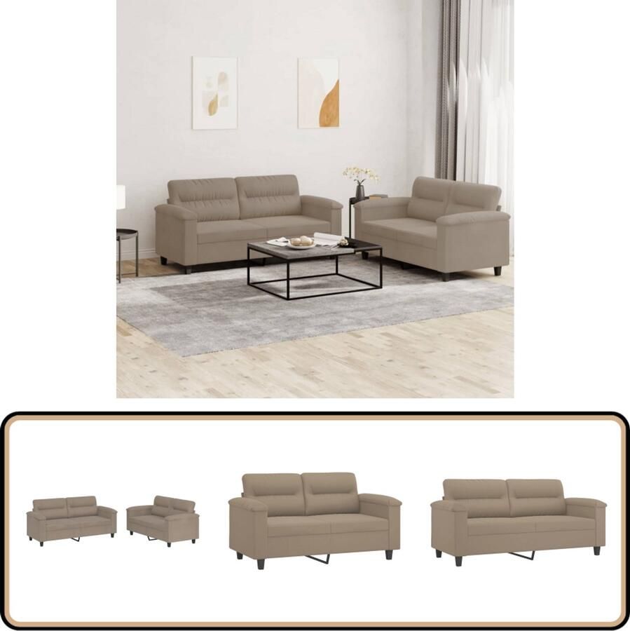 VidaXL Loungeset 2-zitsbanken Microvezelstof Taupe Loungebank Tweezitsbank Bankstel Salontafel Fauteuils