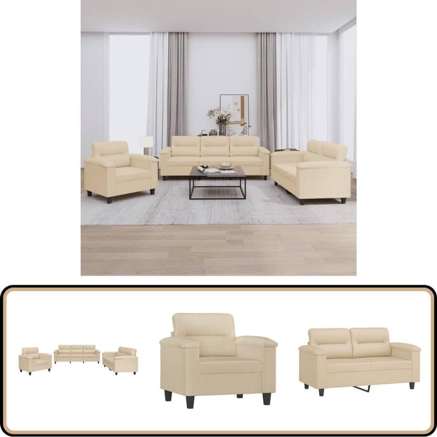 The Living Store 3-delige Loungeset met kussens microvezelstof crèmekleurig Loungeset Microfiber Sofa Lounge Meubilair Salonset Bankstellen