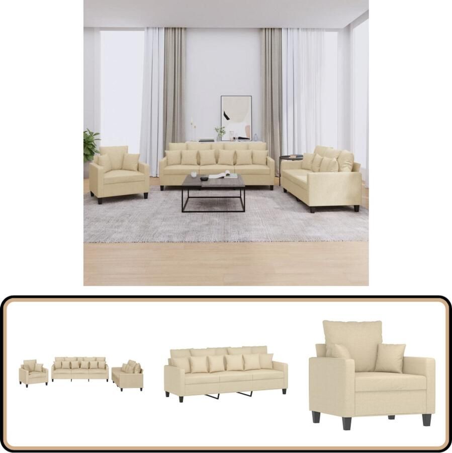 VidaXL Loungeset 3-delig Crèmekleurig Inclusief Kussens Loungeset Tuinlounge Lounge Stoffen Loungebank Creme Meubels Outdoor Furniture Tuinset Relaxfauteuil