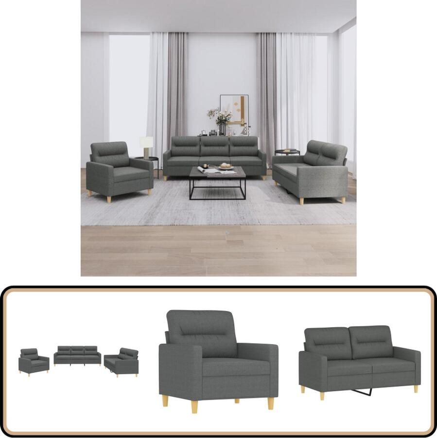 VidaXL Loungeset 3-delig Donkergrijs Inclusief Kussens Loungeset Tuinmeubilair Buitenset Lounge Set Fauteuils Bankstellen Grijs Meubilair