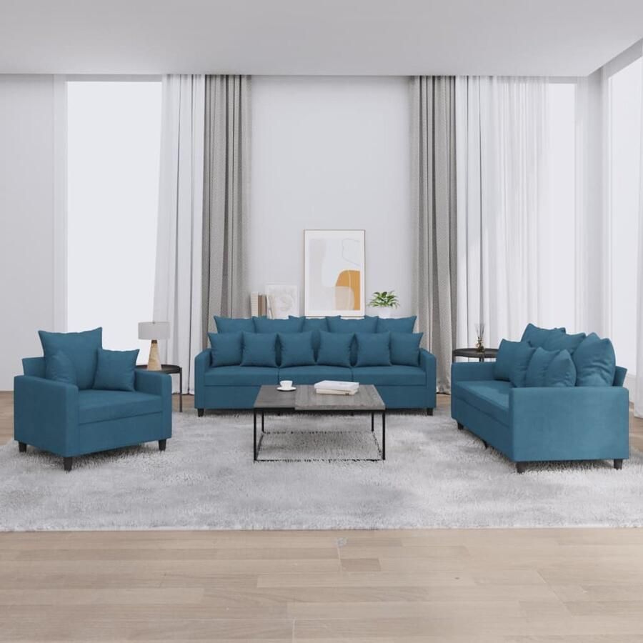 VidaXL Loungeset 3-delig Fluweel Blauw Inclusief Kussens Loungeset Velours Bank Blauwe Bank Zitzitting Fauteuils