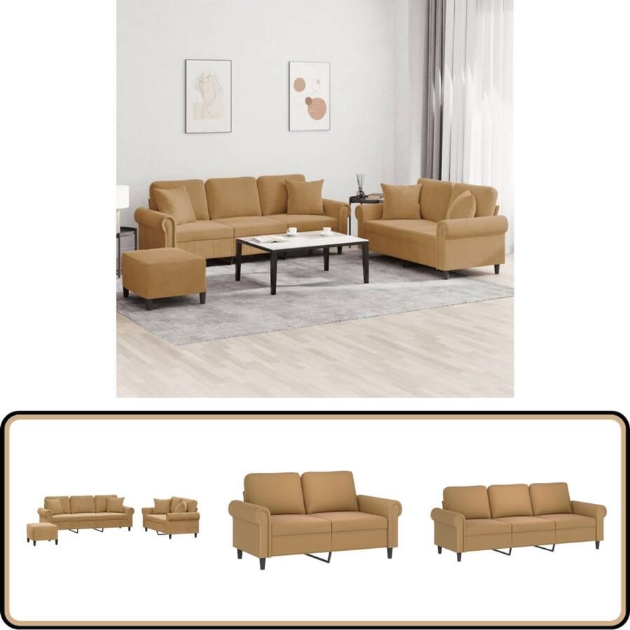 VidaXL Loungeset 3-delig Fluweel Bruin Loungebank Bankstel Fluweelbanks Bruine Bank 2 Persoons Bank