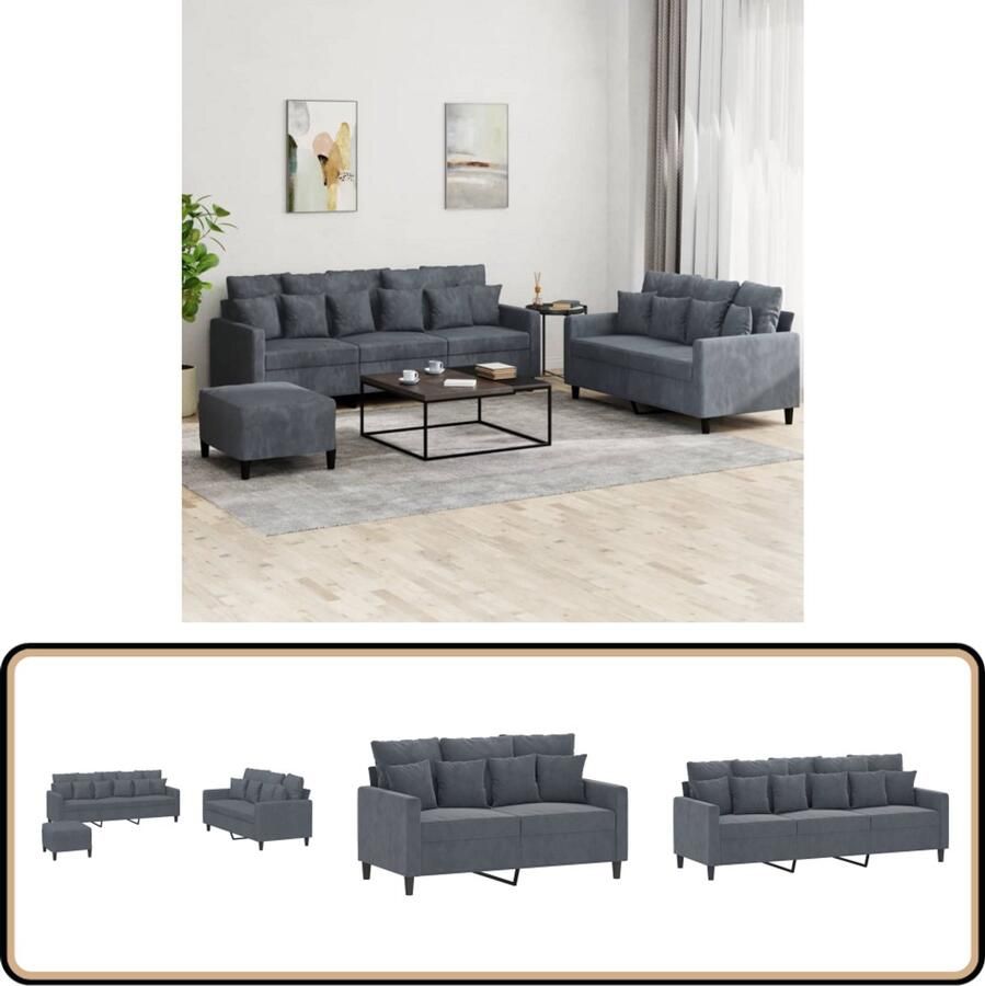 VidaXL Loungeset 3-delig Fluweel Donkergrijs Loungeset 2 Persoons Bank Fluweel Sofa Grijze Bank Lounge Meubels