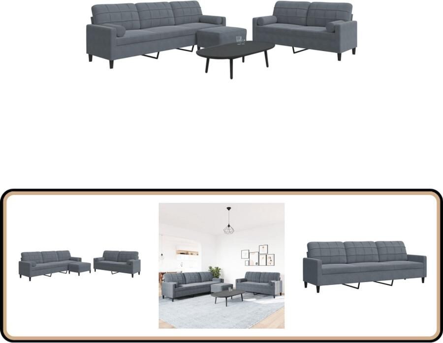 VidaXL Loungeset 3-delig Fluweel Donkergrijs Loungeset Bankstel Lounge Meubels Velours Bank Donkere Bank