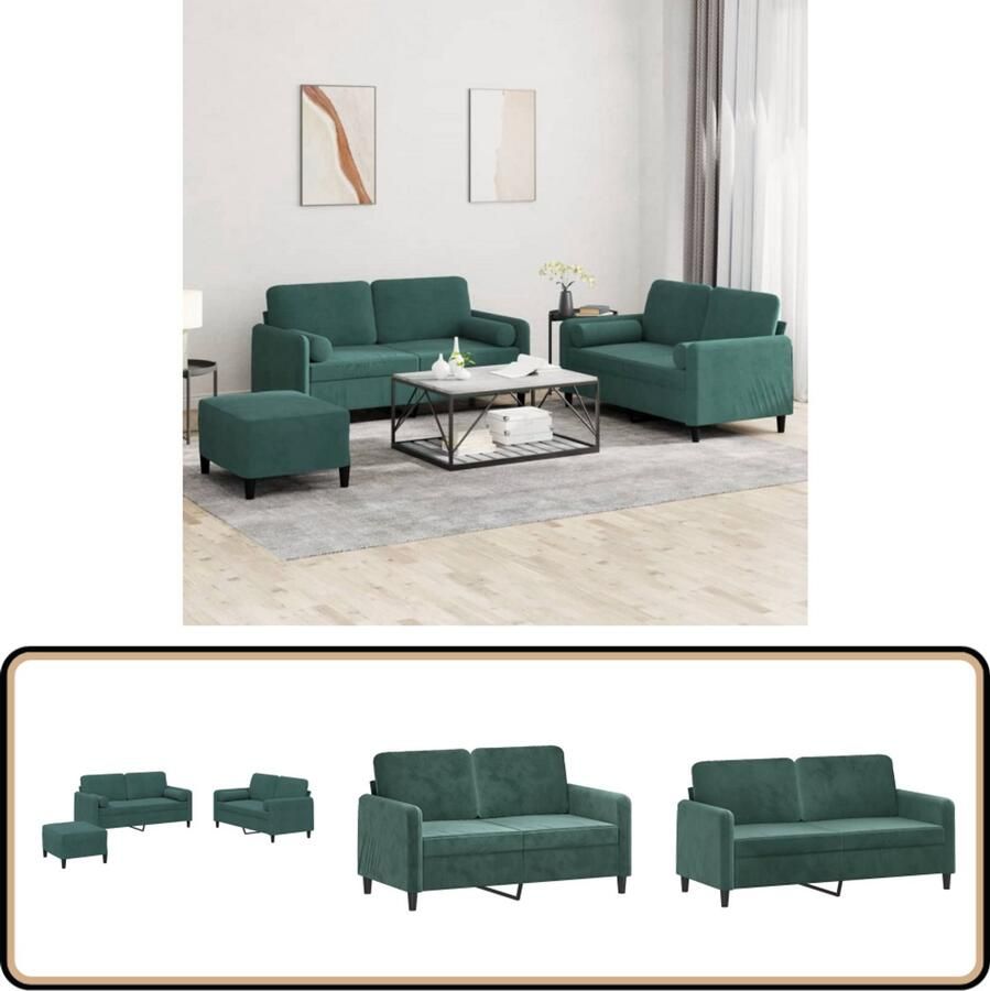 VidaXL Loungeset 3-delig Fluweel Donkergroen Loungeset Fluweel Sofa Donkere Groene Bank 2 Persoons Bank Lounge Meubels