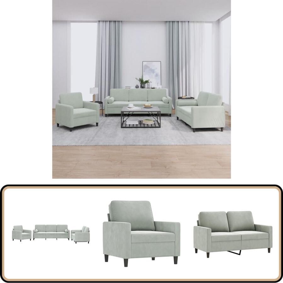 VidaXL Loungeset 3-delig Fluweel Lichtgrijs Loungeset Fluweel Sofa Grijze Bank 3 Persoons Bank Lounge Suite