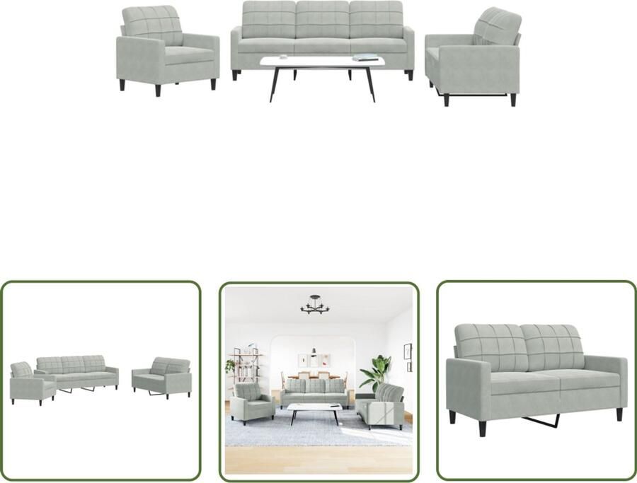 VidaXL Loungeset 3-delig Fluweel Lichtgrijs Loungeset Fluweel Sofa Lounge Meubels Grijs Sofa 2 Persoons Bank