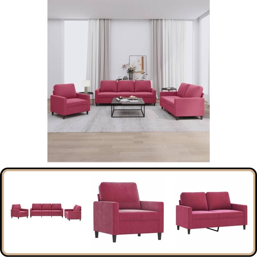 VidaXL Loungeset 3-delig Fluweel Wijnrood Loungeset Fluweel Sofa Lounge Bank Wijnrood Meubilair Salonset