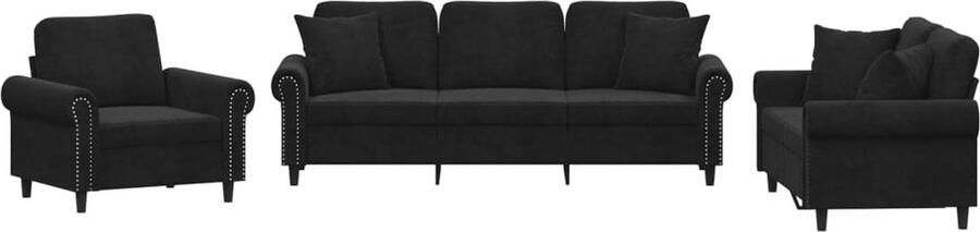 VidaXL Loungeset 3-delig Fluweel Zwart Inclusief Kussens Loungebank Bankstellen Fluweelbanks Zwarte Bank Designbank