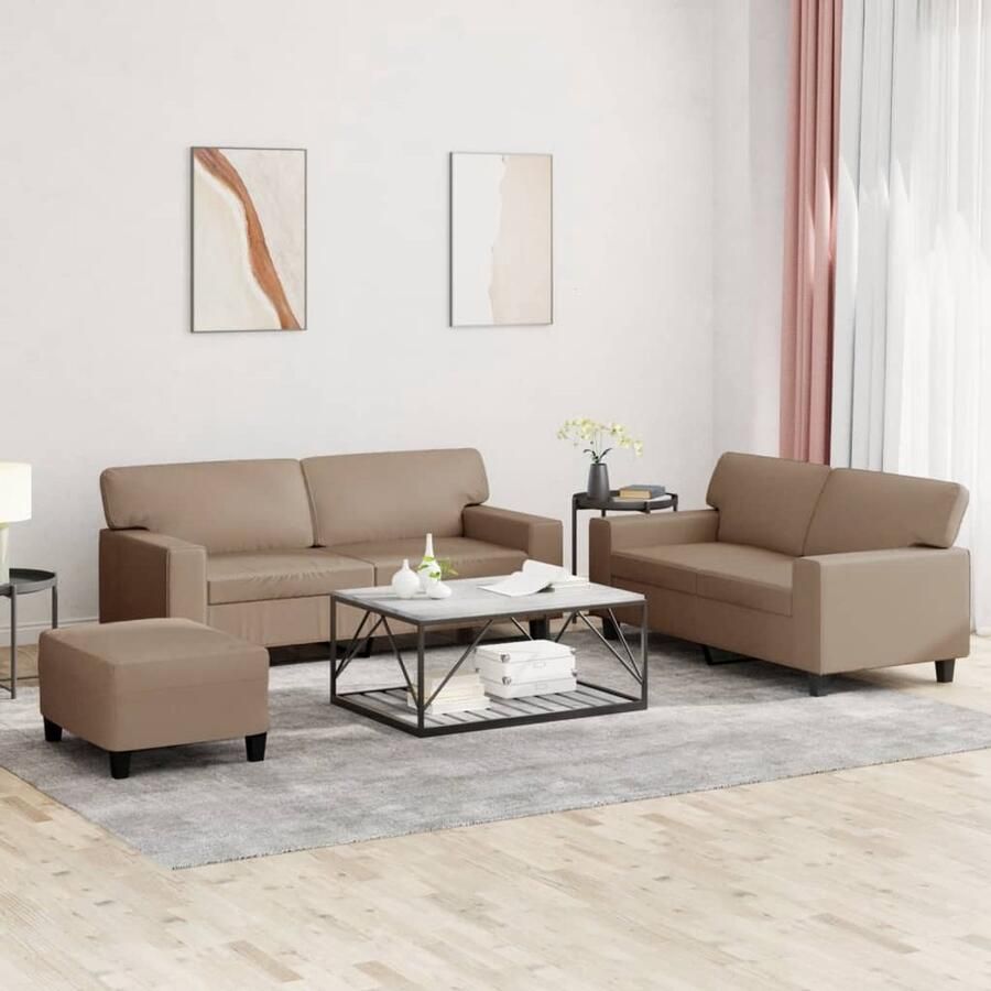 The Living Store 3-delige Loungeset kunstleer cappuccinokleurig Loungebank Hoekbank Bruine Bank Lederlook Bank Salontafel