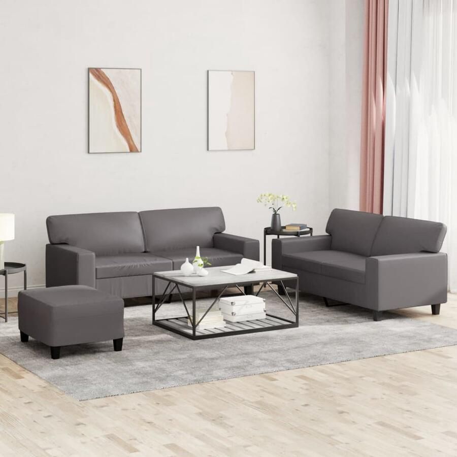 VidaXL Loungeset 3-delig Kunstleer Grijs Loungeset 2 Persoons Bank Kunstleder Bank Grijze Bank Lounge Meubels