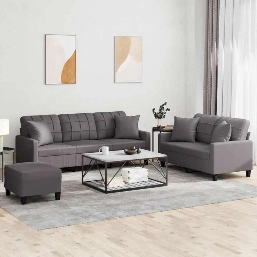 VidaXL Loungeset 3-delig Kunstleer Grijs Loungeset Tuinmeubelen Buitenset Lounge Set Kunstleder Grijze Meubels 2 Persoons Bank 3 Persoons Bank Voetenbank - Foto 2