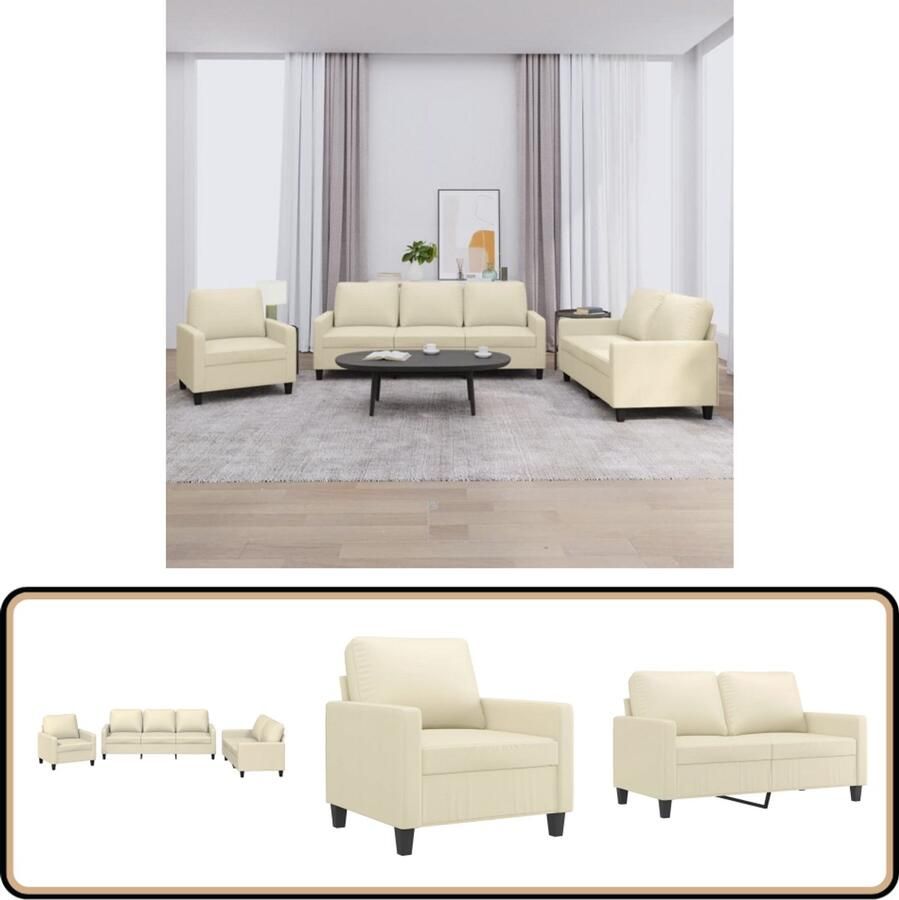 VidaXL Loungeset 3-delig Kunstleer Inclusief Kussens Loungeset Sofa Bankstel Lounge Bank Lederlook Creme Kleur 2 Persoons Sofa Fauteuils
