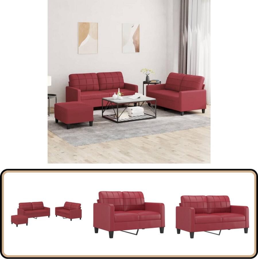 VidaXL Loungeset 3-delig Kunstleer Wijnrood Loungebank Kunstleder Sofa Rode Lounge Set 2 Persoons Bank Tuinmeubilair