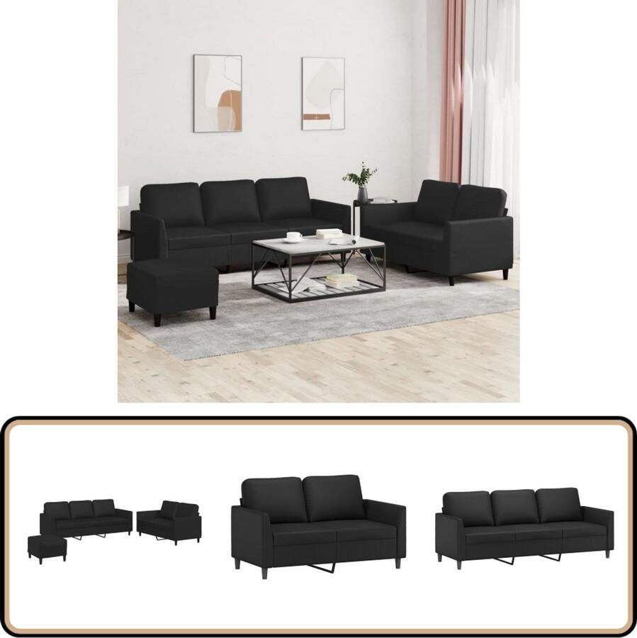 VidaXL Loungeset 3-delig Kunstleer Zwart Inclusief Kussens Loungebank Loungemeubilair Tuinbank Buitenbank Zwarte Lounge