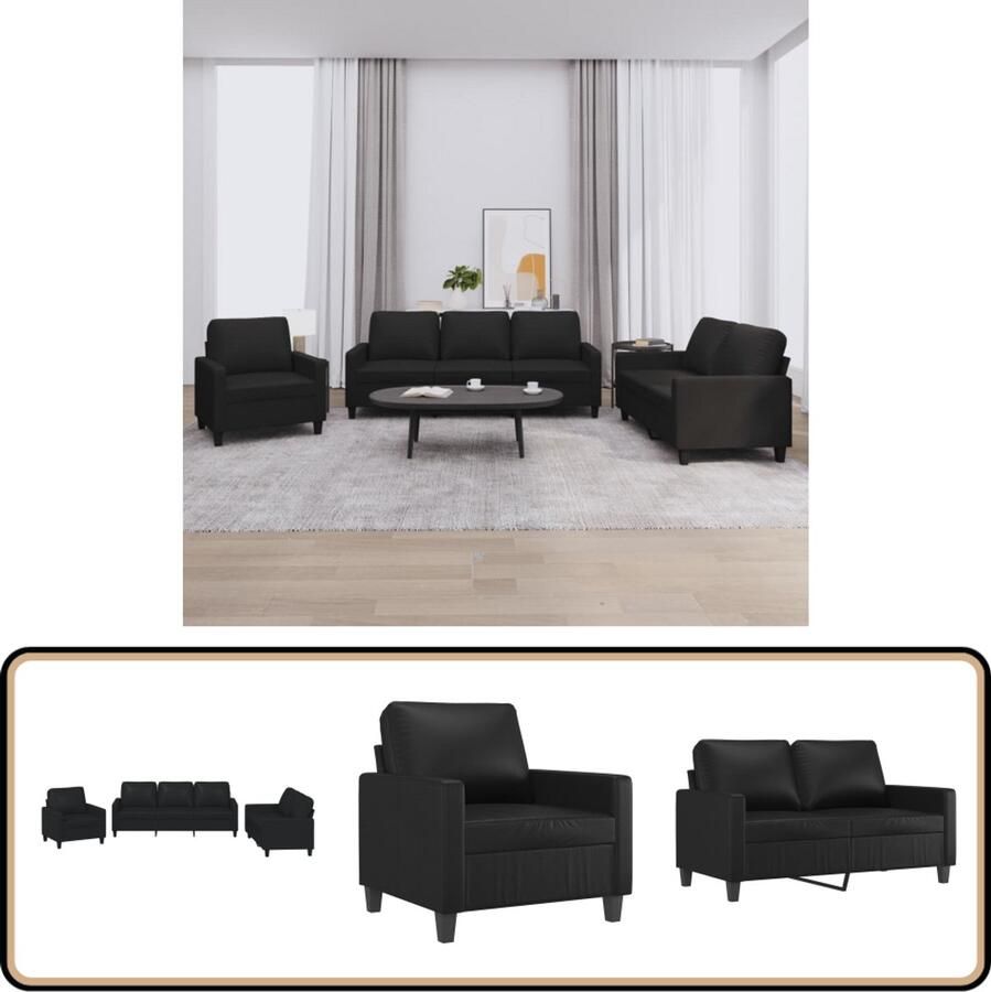 VidaXL Loungeset 3-delig Kunstleer Zwart Loungeset Bankstel Tuinmeubilair Lounge Set Zwarte Meubels - Foto 2