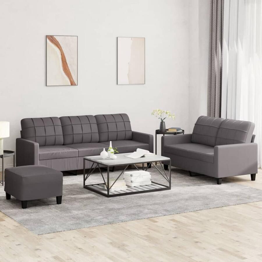 VidaXL Loungeset 3-delig met kussens Kunstleer Grijs Loungeset Tuinmeubelen Buitenleven Lounge Set Grijze Meubels