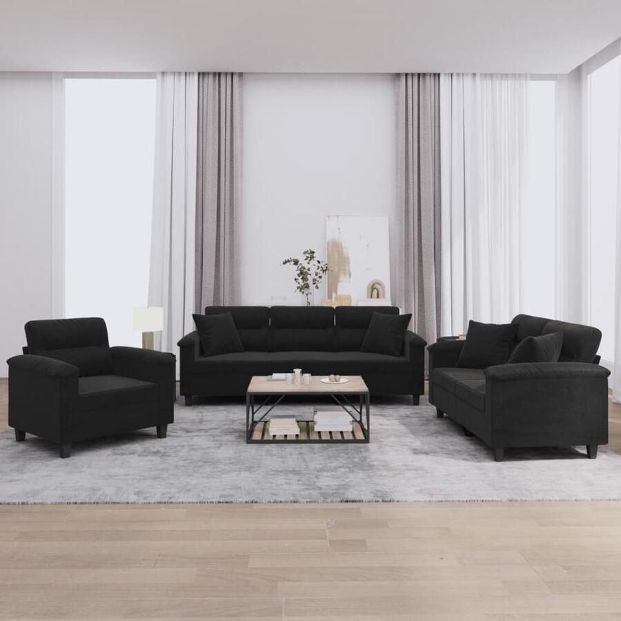 VidaXL Loungeset 3-delig Microvezelstof Zwart Loungebank Sofa Bankstel Salonmeubilair Hoekbank