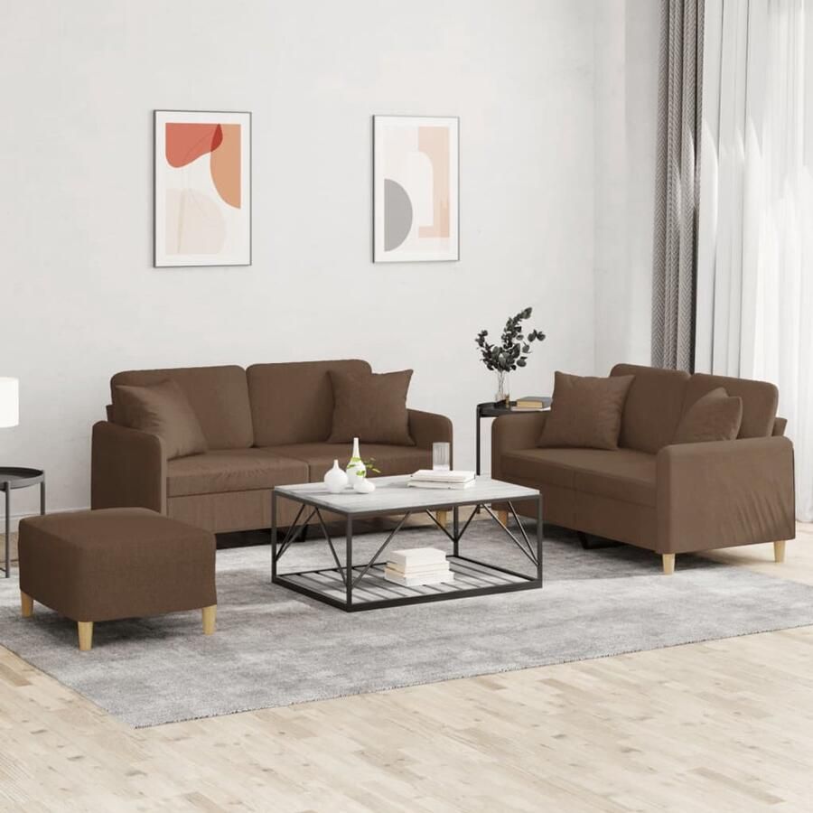 VidaXL Loungeset 3-delig Stof Bruin Loungeset Woonkamer Meubilair Bruine Bank Stoffen Bank Twee Persoons Bank
