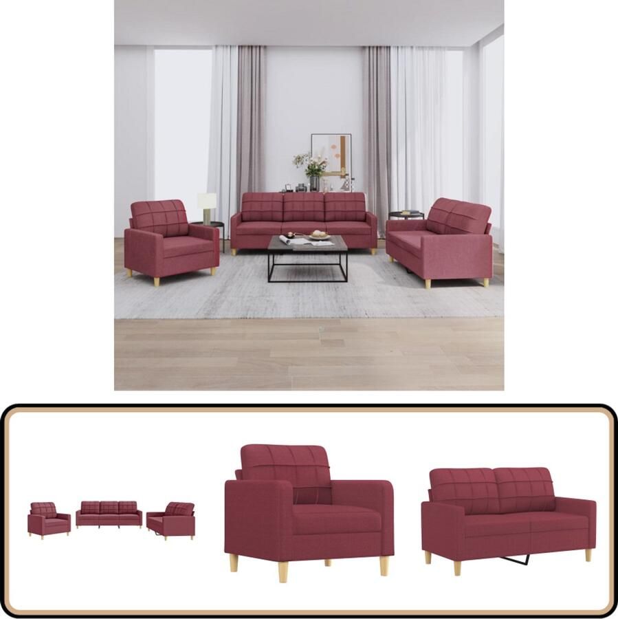 VidaXL Loungeset 3-delig Stof Wijnrood Inclusief Kussens Loungeset Tuinmeubelen Lounge Set Buiten Meubels Rood Stoffen Sofa Loungebank Relaxset Terrasfurniture