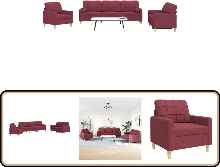 VidaXL Loungeset 3-delig Wijnrood Inclusief kussens Loungebank Woonkamer Meubels Lounge Set Velours Bank Bankstellen