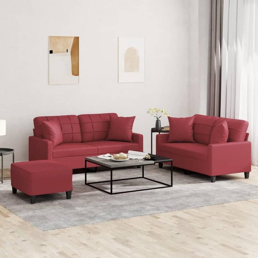 VidaXL Loungeset 3-delig Wijnrood Kunstleer Loungeset Tuinmeubelen Buitenset Lounge Set Rood Meubilair Kunstleder Sofa 2 Persoons Bank - Foto 2