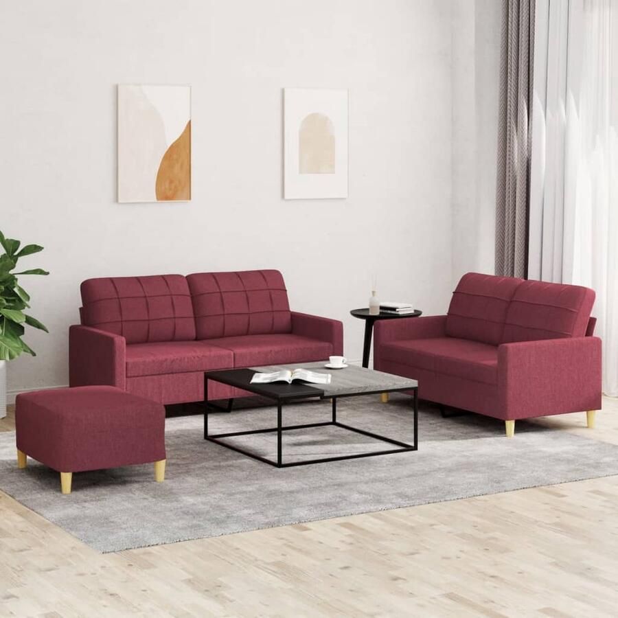 VidaXL Loungeset 3-delig Wijnrood Met kussens Loungeset Lounge Meubilair Buitenset Tuinset Rood Velours Sofa Bankstel Relaxstoel - Foto 2