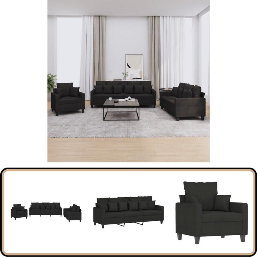 VidaXL Loungeset 3-delig Zwart Inclusief Kussens Loungeset Woonkamer Meubilair Zitzitting Lounge Stoffen Loungebank Tuinset Buitendecoratie Relaxen