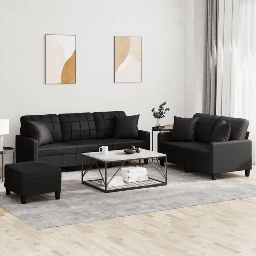 VidaXL Loungeset 3-delig Zwart Kunstleer Inclusief Kussens Loungeset Tuinmeubelen Buitenset Lounge Set Zwarte Loungebank