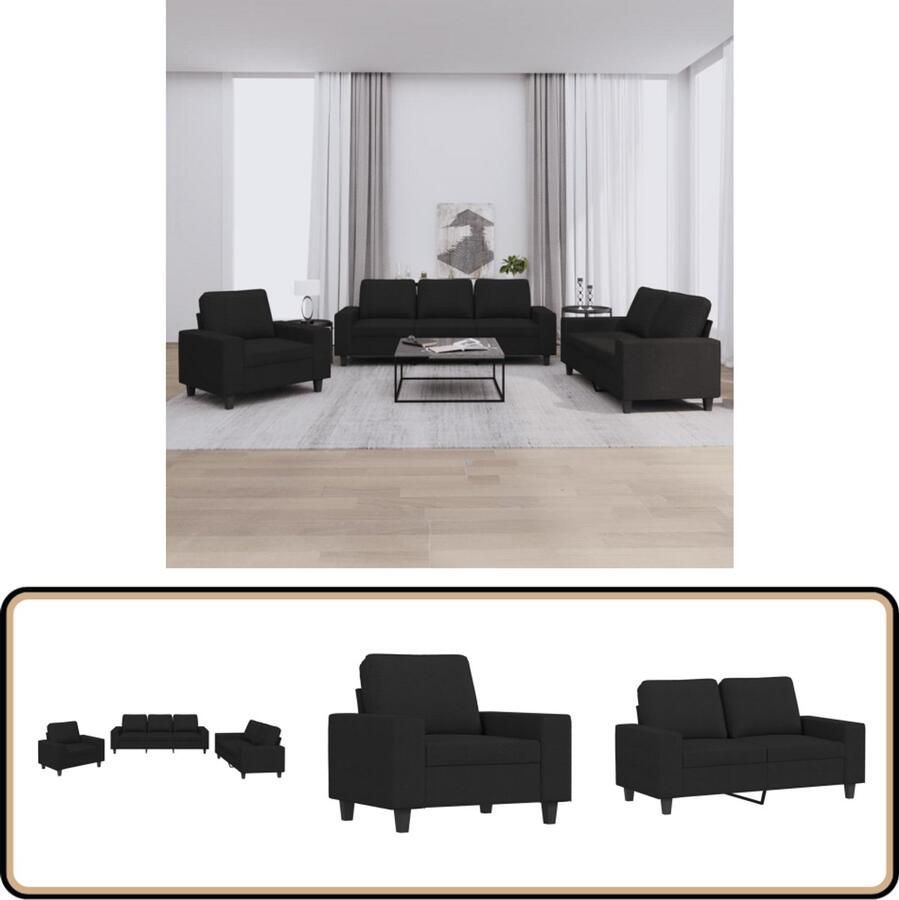 VidaXL Loungeset 3-delig Zwart Stof Inclusief Kussens Loungebank Woonkamer Meubels Zwarte Bank Stoffen Bank 2 Persoons Bank