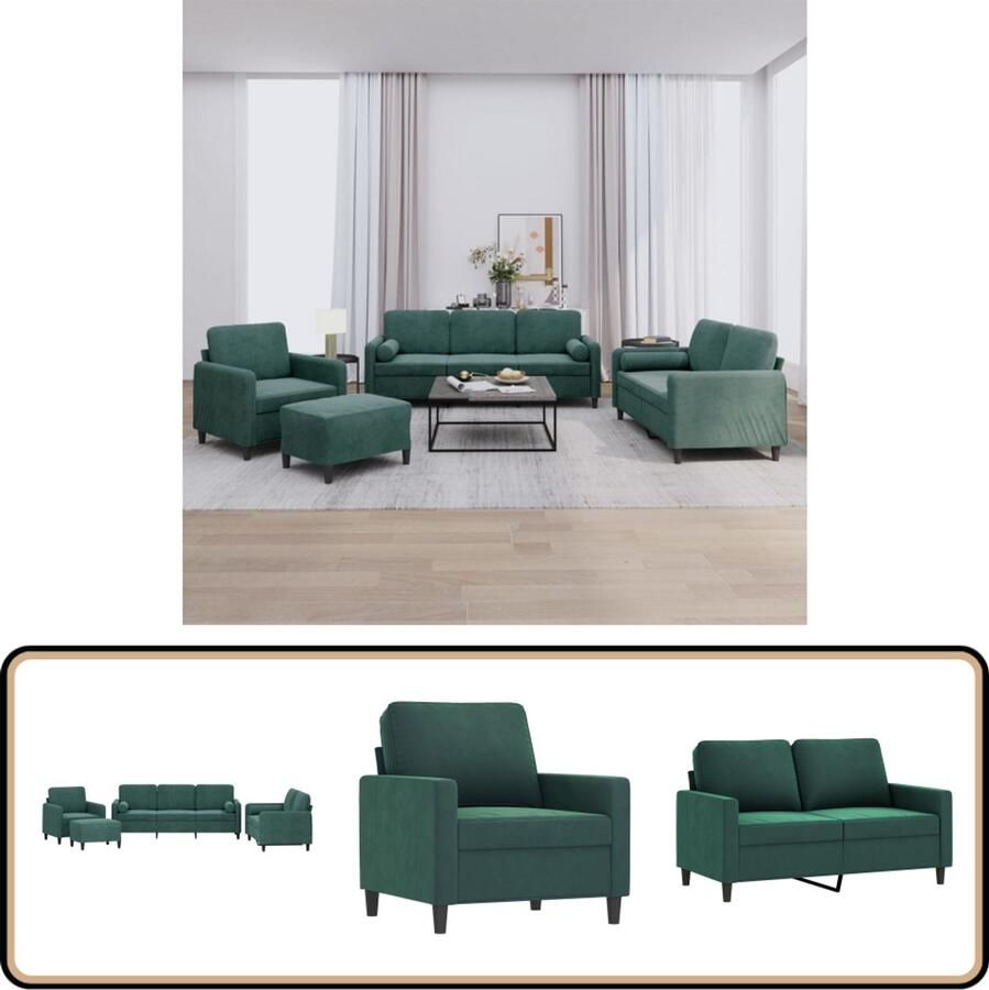 VidaXL Loungeset 4-delig Fluweel Donkergroen Loungebank Fluweelb BANK Donkergroene Bank Woonkamer Meubels Combinatie Bankstel