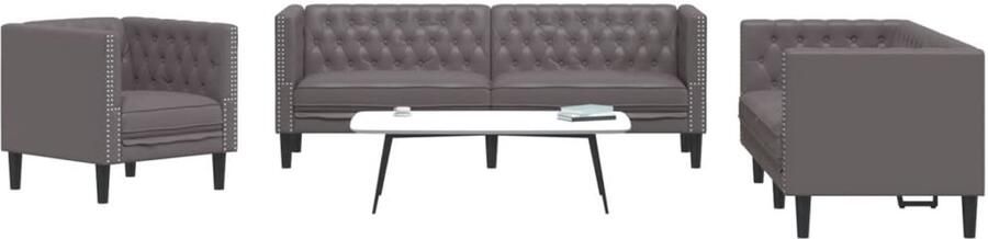 VidaXL Loungeset Chesterfield 3-delig Grijs Kunstleer Chesterfieldstijl Lounge Set Lederlook Grijze Bank Salon Meubilair