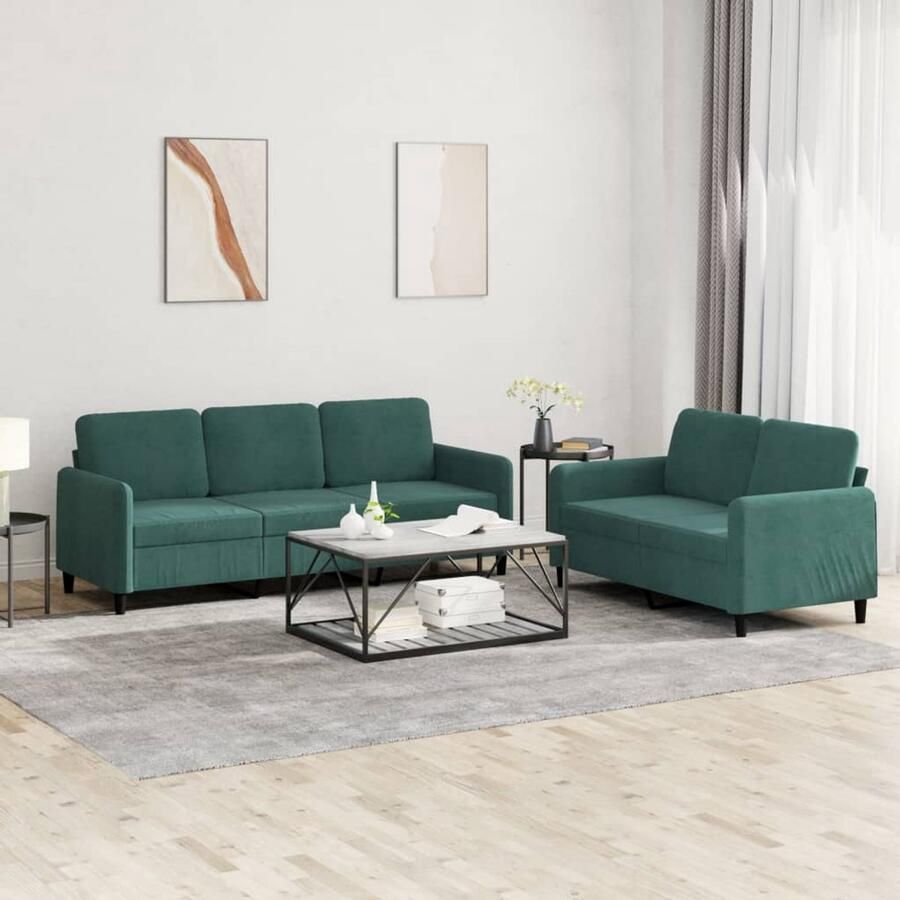 VidaXL Loungeset Fluweel Donkergroen 2-delig Loungeset Fluweel Sofa Donkere Groene Bank 2 Persoons Bank 3 Persoons Bank