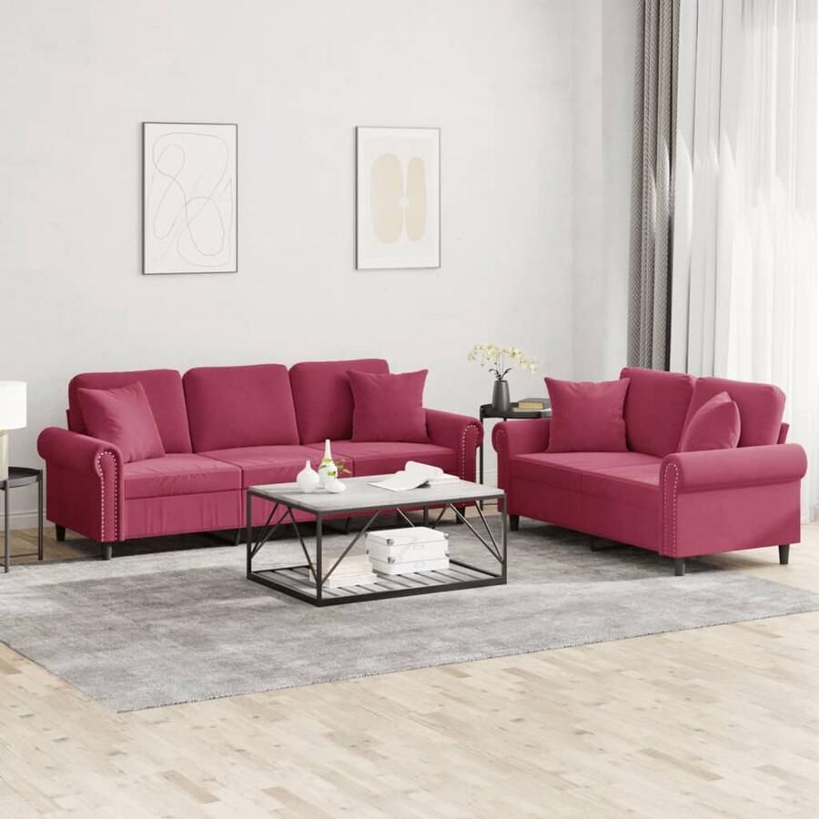 VidaXL Loungeset Fluweel Wijnrood 2-delig Lounge Set Bankstel Fluweel Sofa Rode Bank 2 Persoons Bank